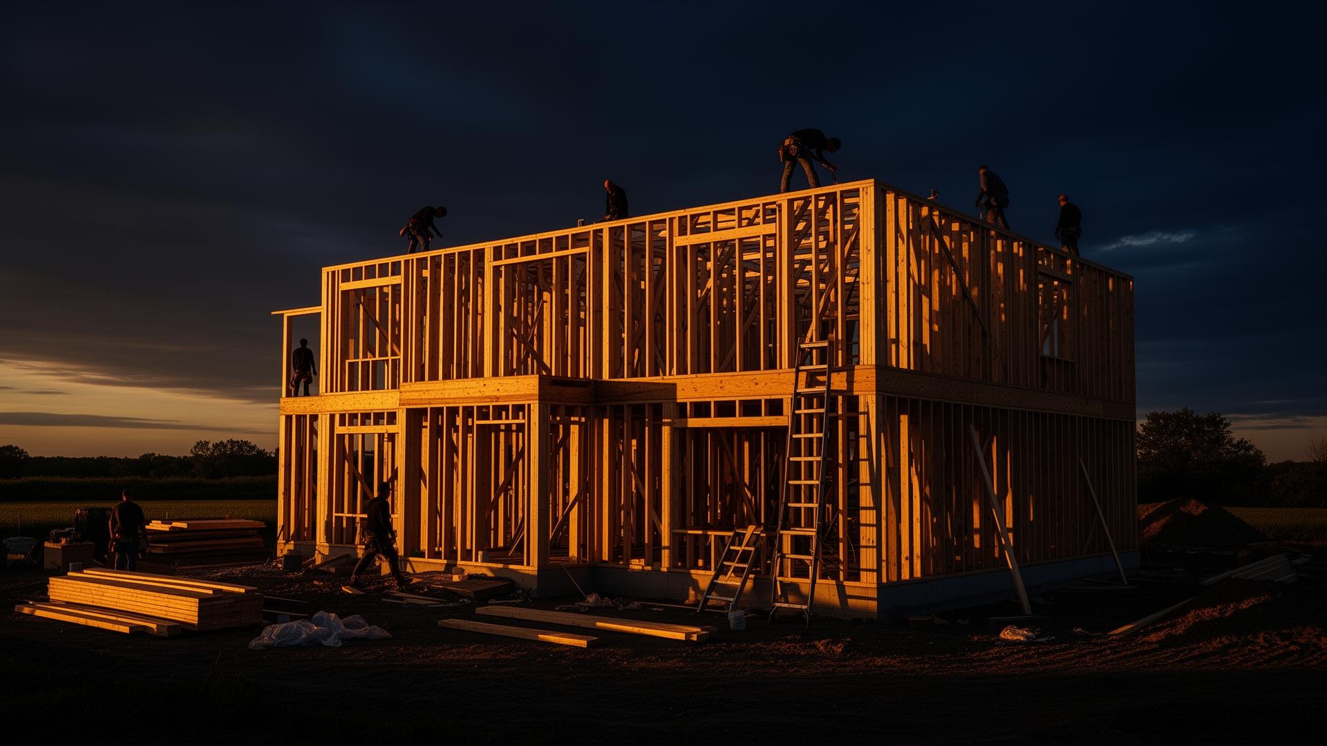 Residential framing crew at golden hour in Ontario