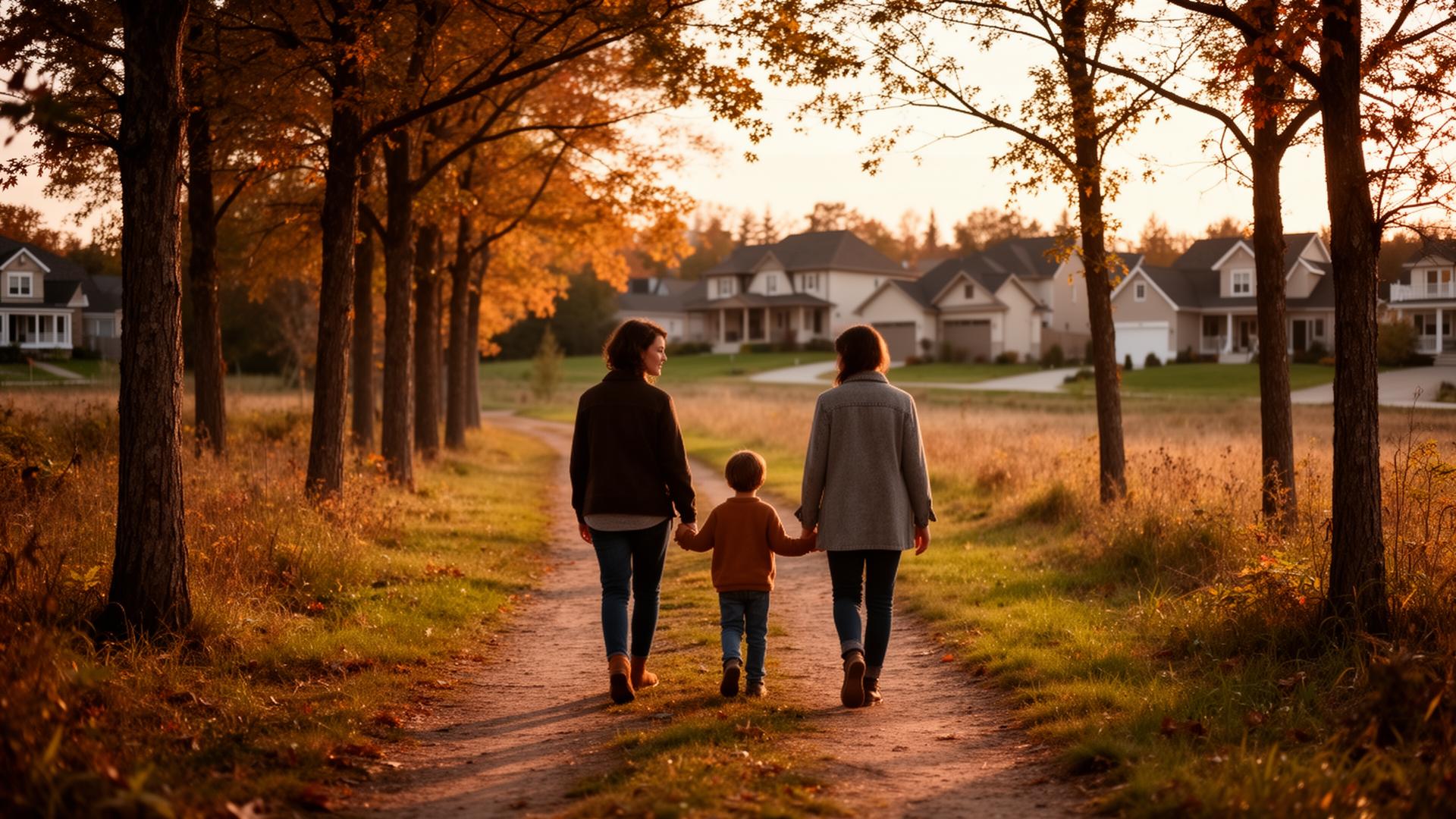 Family walking a trail in a rural Ontario village at golden hour
